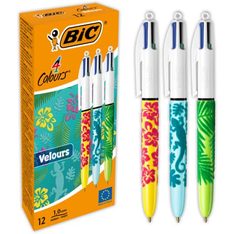 Penna a sfera a scatto BIC 4 Colours Velours M 1 mm in conf. 12 fantasie assortite - 9672771
